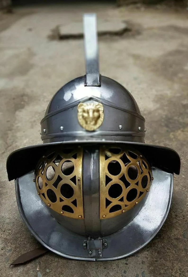 Medieval Larp Armour, Replica Murmillo Gladiator Helmet Medieval Knight Crusader Armor with Free Wooden Stand