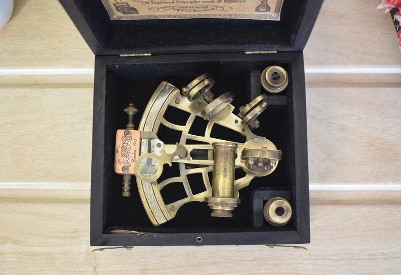 Brass Sextant, Handheld Nautical Sextant With Wooden Box