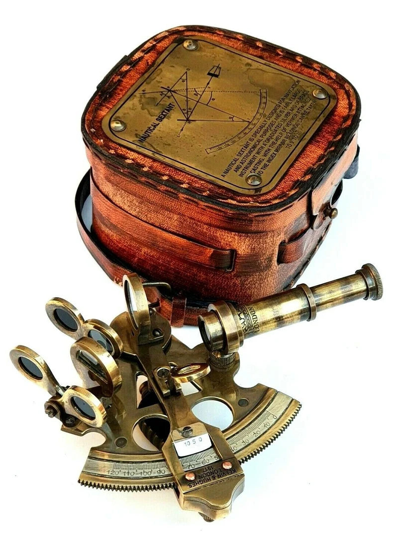 Vintage Maritime Brass Nautical Sextant Leather Case Kelvin Hughes London 1917 Genuine Leather Box With Solid Brass nautical Sextant