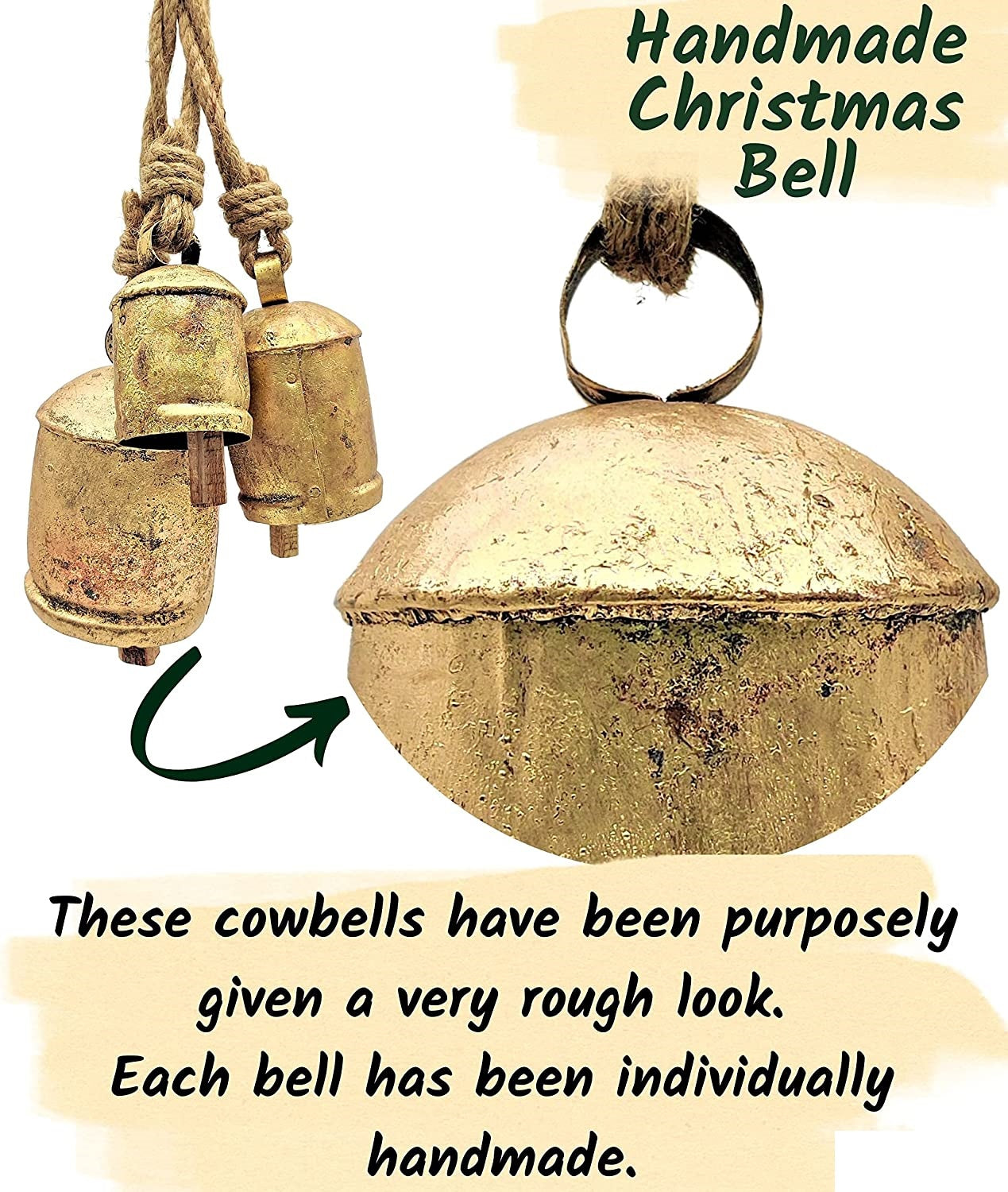 Set of 3 Harmony Cow Bells Vintage Handmade Rustic Lucky Christmas Hanging Bells On Rope