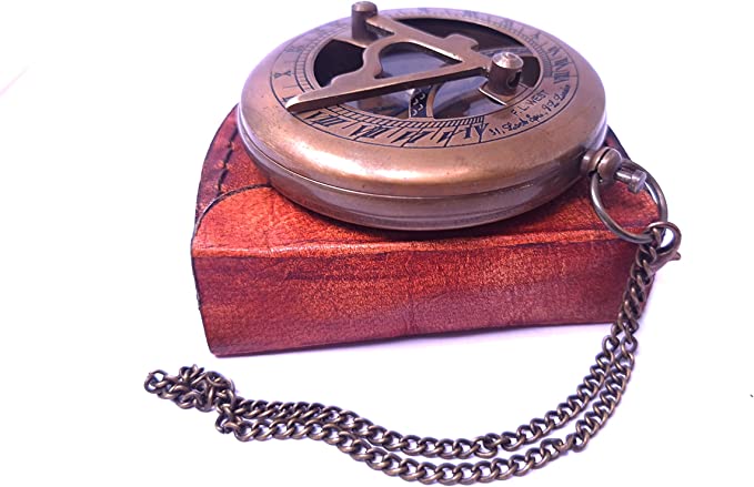 Brass Sundial Compass with Leather Case and Chain