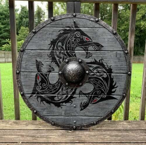 Medieval Fenrir Grey Wolf Shield Authentic Bettleworn Viking Battle Ready Shield Handmade Battle Warrior Shield