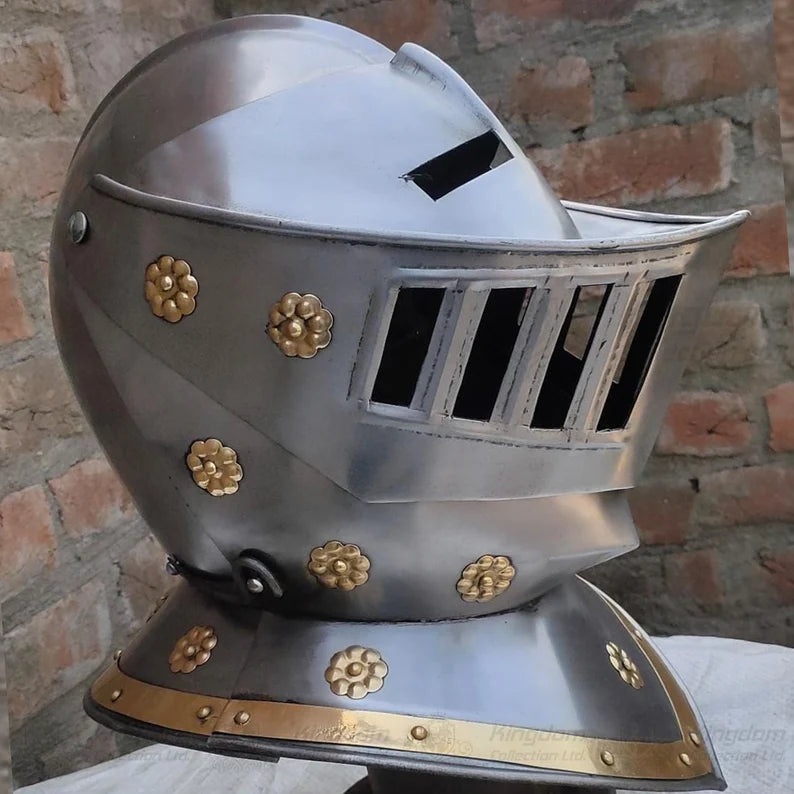 European Knight Helmet Medieval Knight Close Helmet with Brass Helmet Role Play Knight Helmet 18 Gauge Wearable Helmet