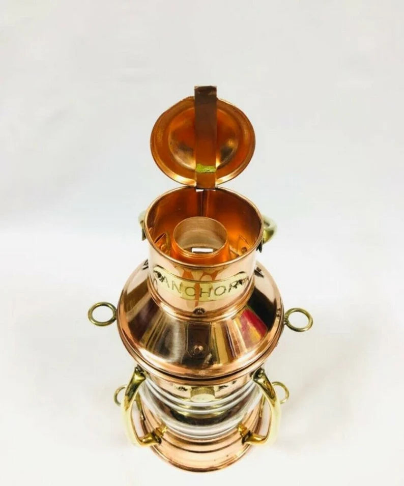 Copper and Brass Nautical Oil Lamp, 10" Ship Lantern, Marine Anchor Lamp Gift