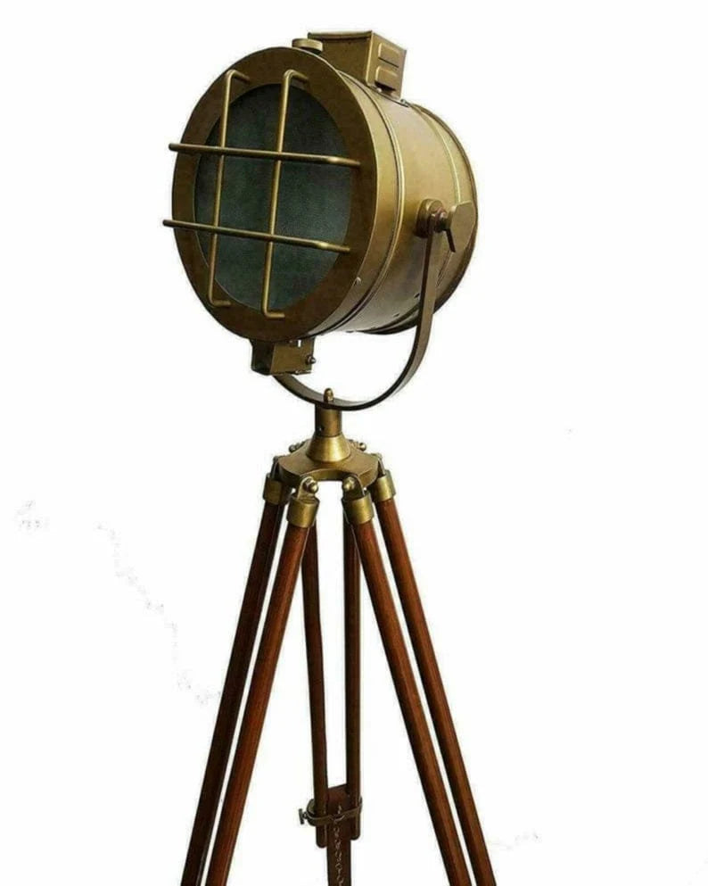 Hollywood designer floor light with black tripod stand antique spotlight