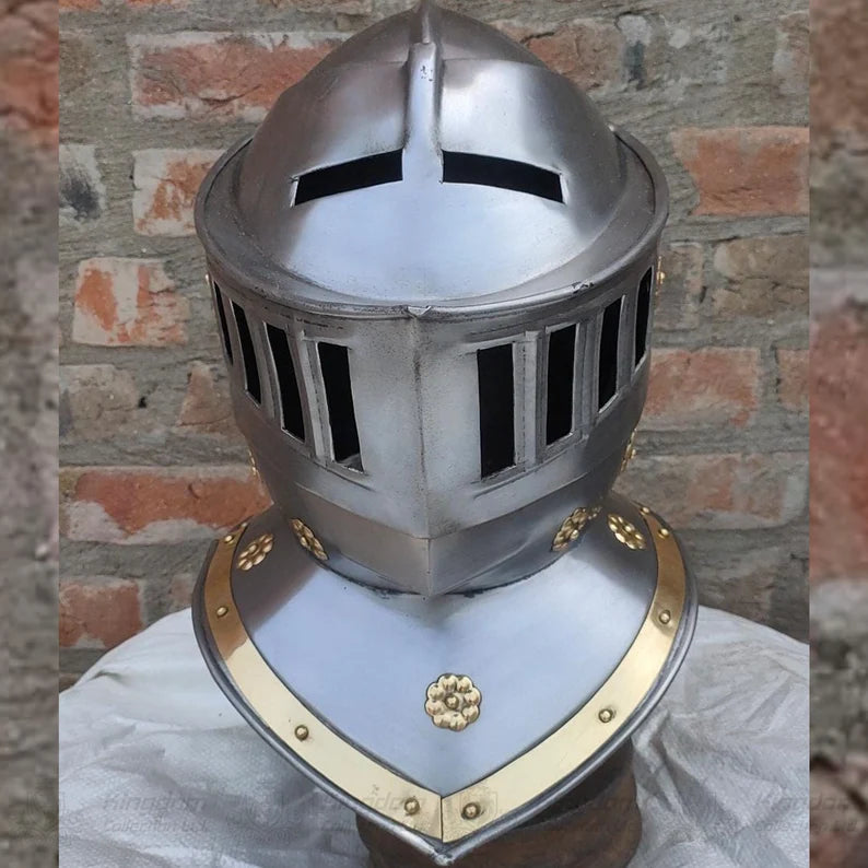 European Knight Helmet Medieval Knight Close Helmet with Brass Helmet Role Play Knight Helmet 18 Gauge Wearable Helmet