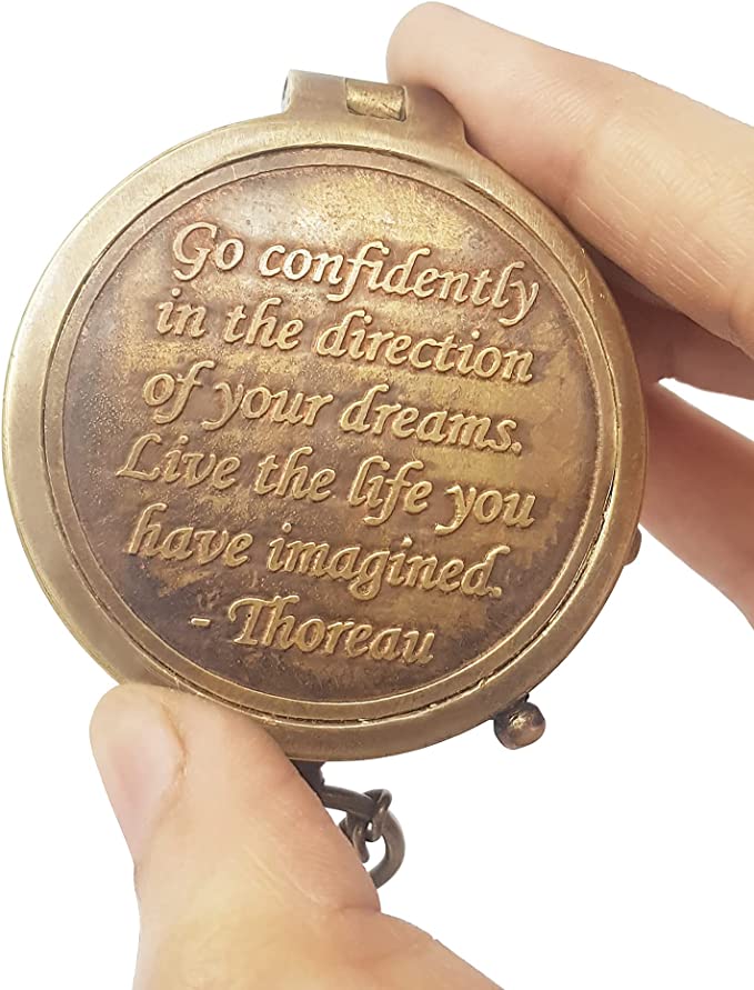 Brass Compass Engraved with Thoreau's Go Confidently Quote and Stamped Leather Case, Boys Gifts