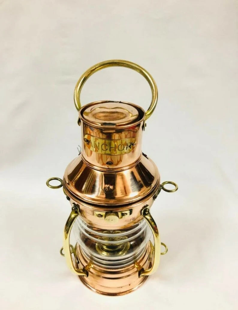 Copper and Brass Nautical Oil Lamp, 10" Ship Lantern, Marine Anchor Lamp Gift