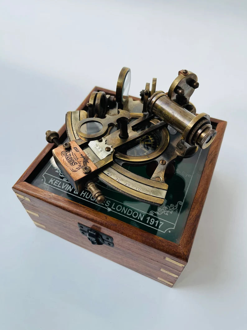 Nautical Hand-made Brass Sextant With Inbuilt Compass In Wooden box - Marine Astrolabe Model Sextant