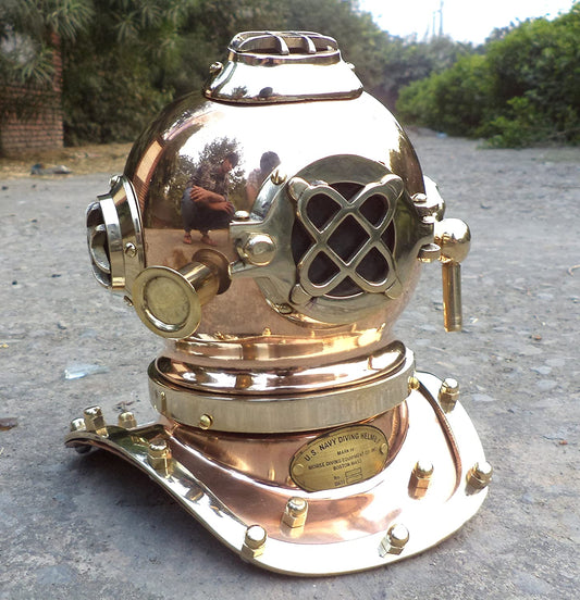 Antique Marine Mini Diving Helmet Replica Mark Us Navy Nautical Copper and Brass