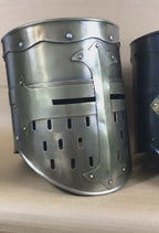Black Design Medieval Knight Armor Crusader Viking Templar Helmet Helm Mason's Brass Cross Free Wooden Stand